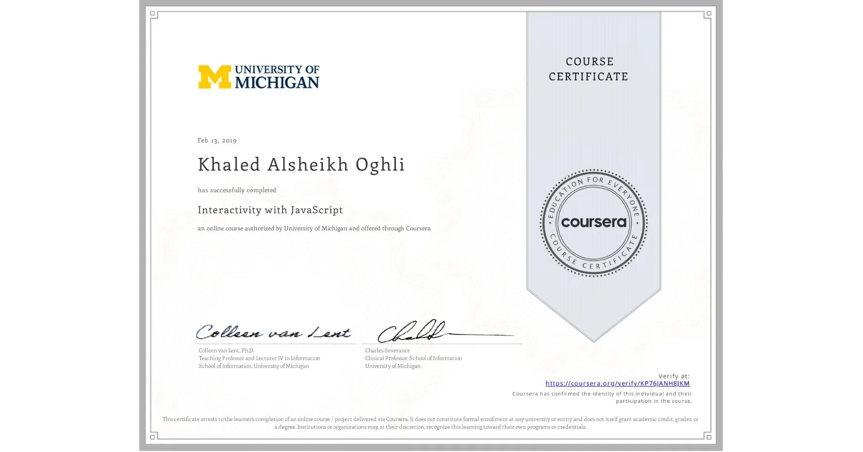 Interactivity with JavaScript Michigan Certificate