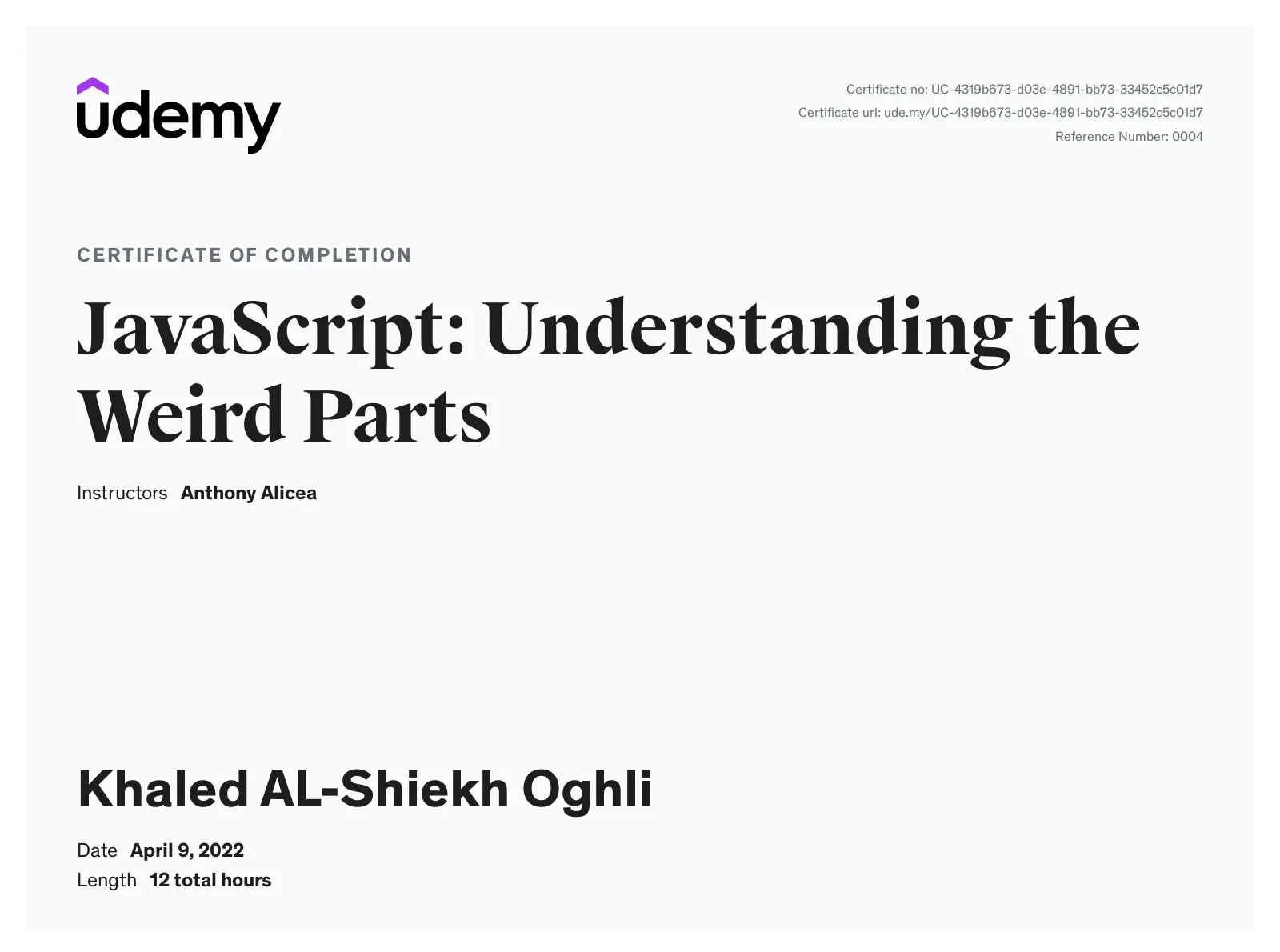 JavaScript: Understanding the Weird Parts Certificate