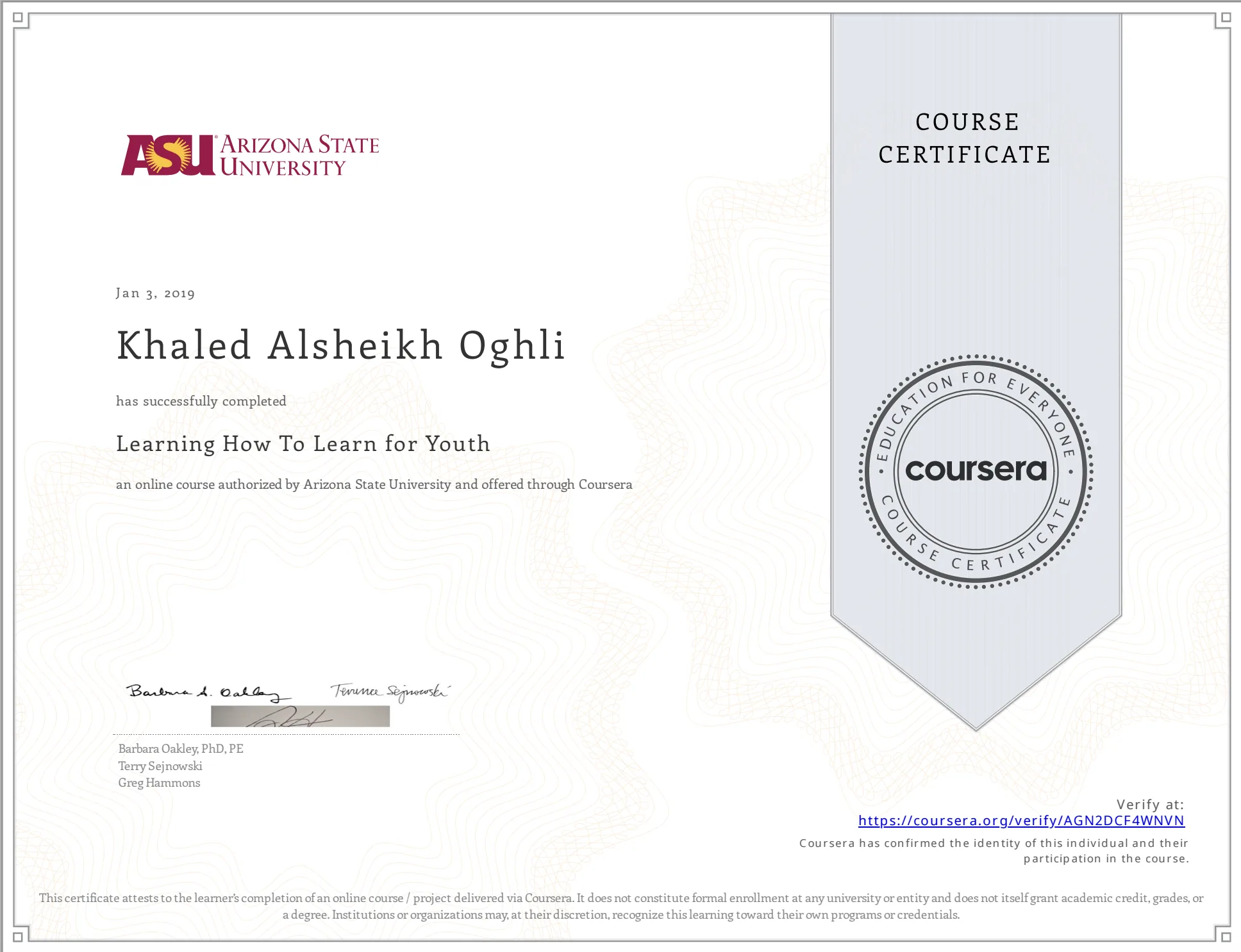 Learning How To Learn for Youth Certificate