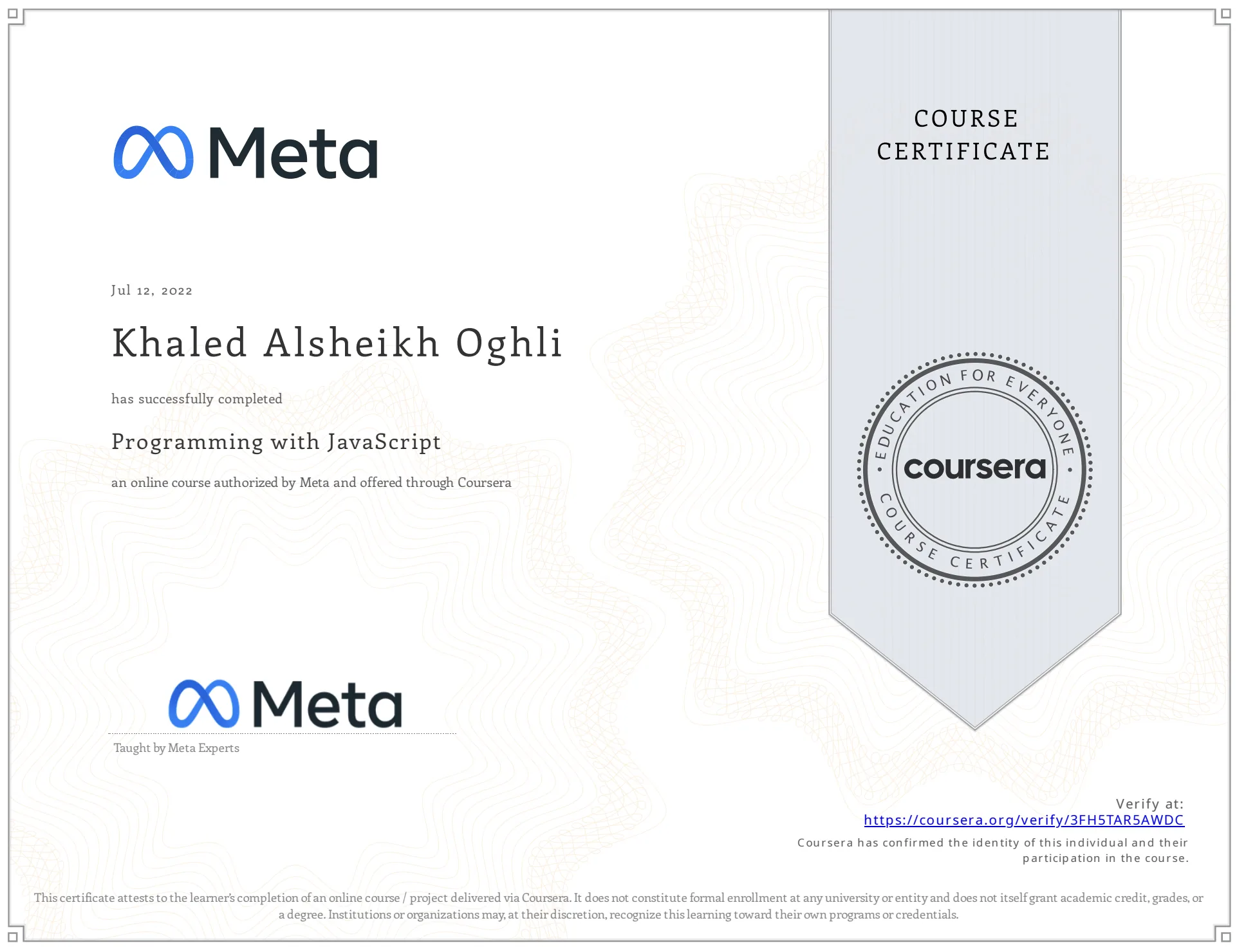 Programming with JavaScript Meta Certificate