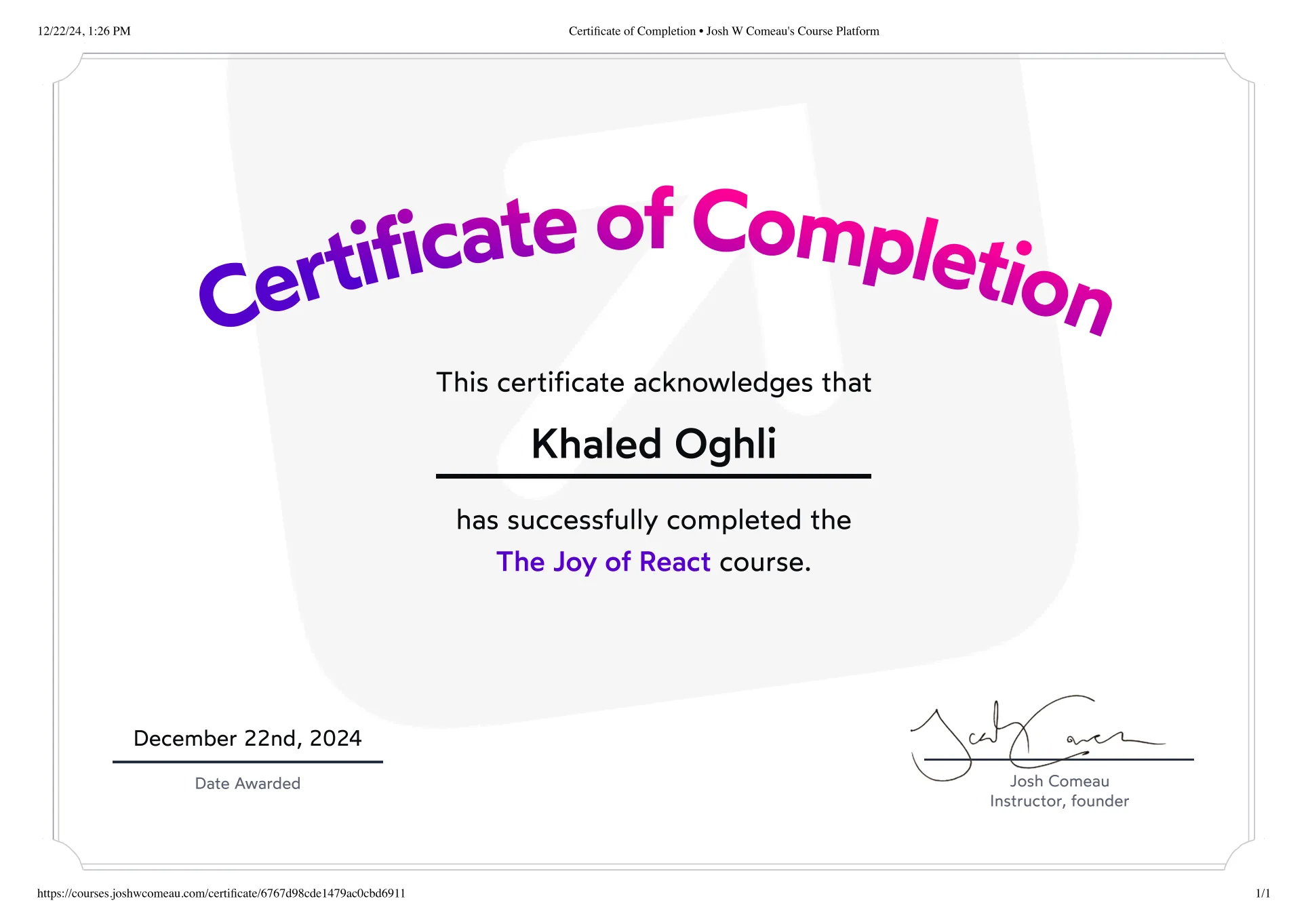 The Joy of React Certificate